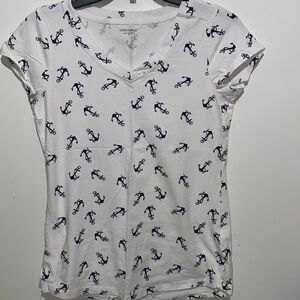Cable & Gauge Womens Navy Anchor Print V-Neck Short Sleeve T-Shirt White Small